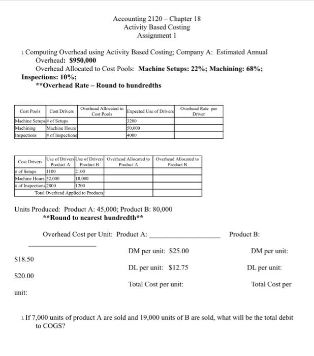 Accounting 2120 Chapter 18 Activity Based Costing Assignment 1 1. Computing Overhead