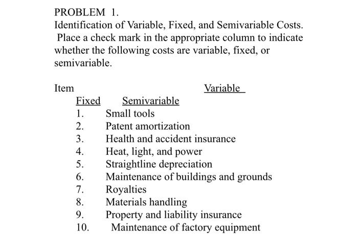 PROBLEM 1. Identification of Variable, Fixed, and Semivariable Costs. Place a check