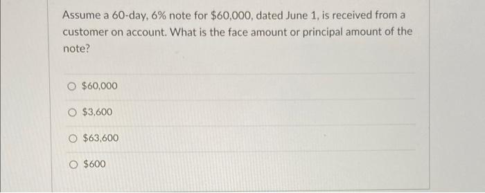 Assume a 60-day, 6% note for $60,000, dated June 1, is received