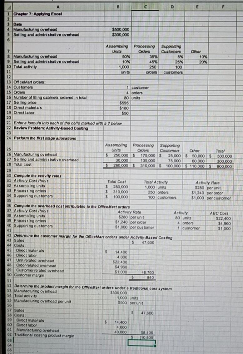 A 1 Chapter 7: Applying Excel 2 3 Data 4 Manufacturing overhead