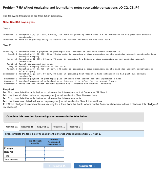 Problem 7-5A (Algo) Analyzing and journalizing notes receivable transactions LO C2, C3,