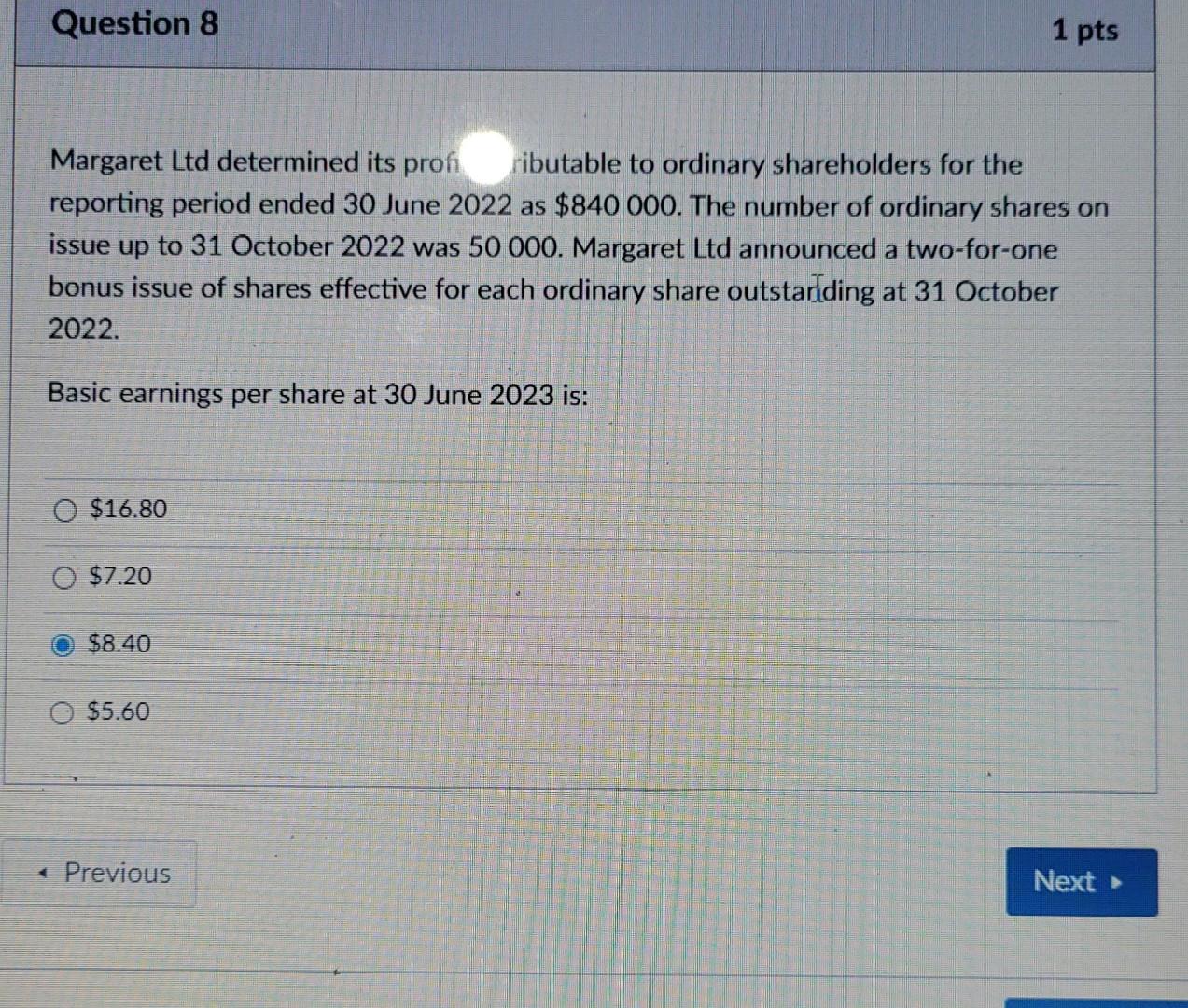 Question 8 1 pts Margaret Ltd determined its profi ributable to ordinary