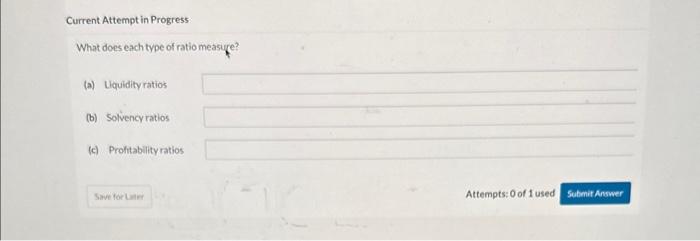 Current Attempt in Progress What does each type of ratio measure? (a)