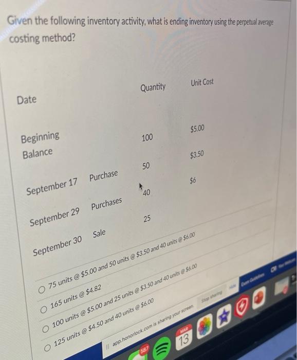 Given the following inventory activity, what is ending inventory using the perpetual