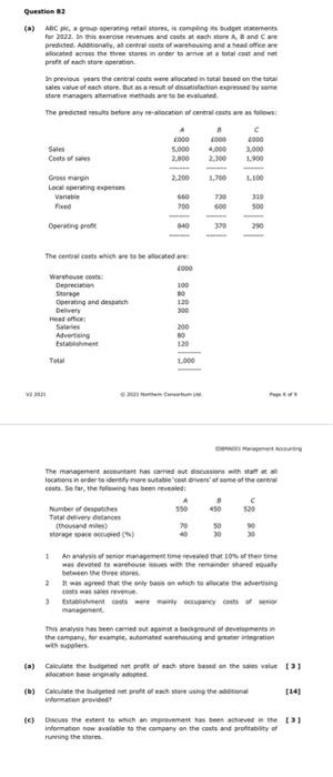 Question 82 (a) ABC pic, a group operating retail stores, is compiling