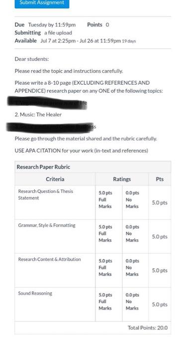 Submit Assignment Due Tuesday by 11:59pm Points O Submitting a file upload