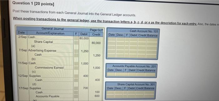 Question 1 [20 points] Post these transactions from each General Journal into