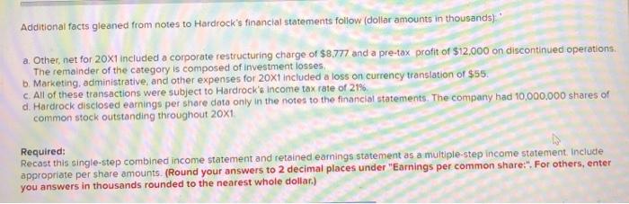 below is a combined single-step income and retained earnings statement for Hardrock