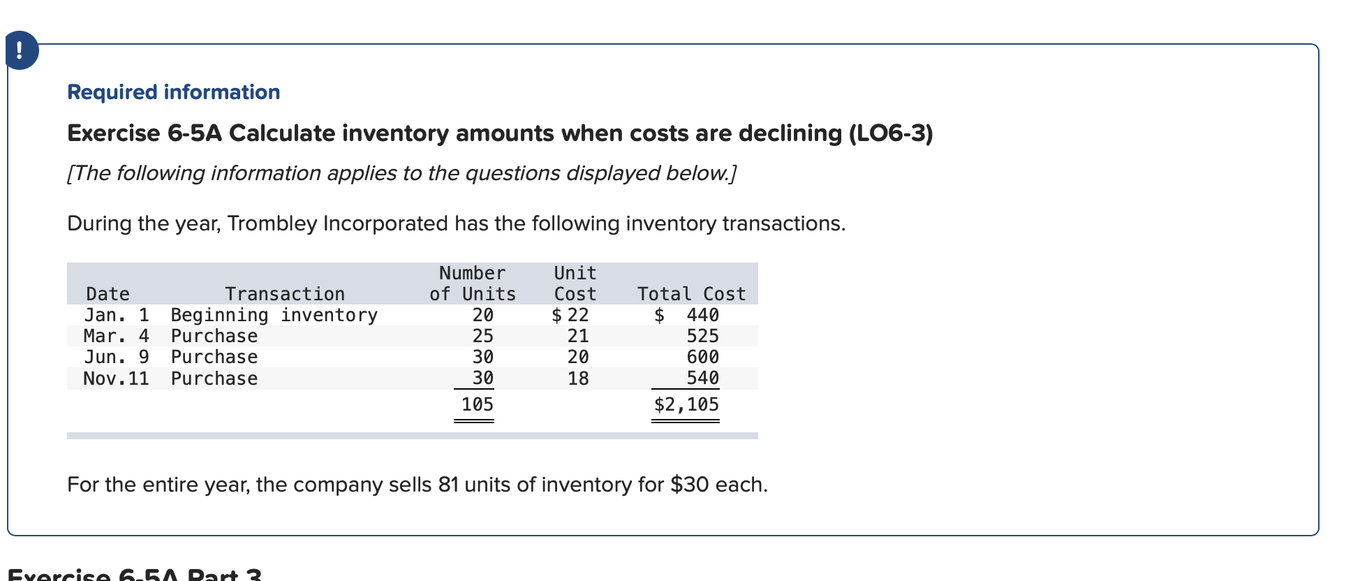 Required information Exercise 6-5A Calculate inventory amounts when costs are declining (LO6-3)