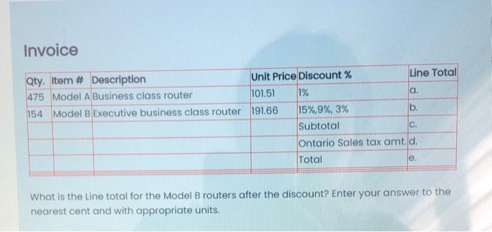 15%,9%, 3% Subtotal Line Total b. C. Ontario Sales tax amt d.