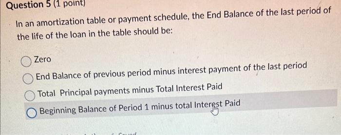 Question 5 (1 point) In an amortization table or payment schedule, the