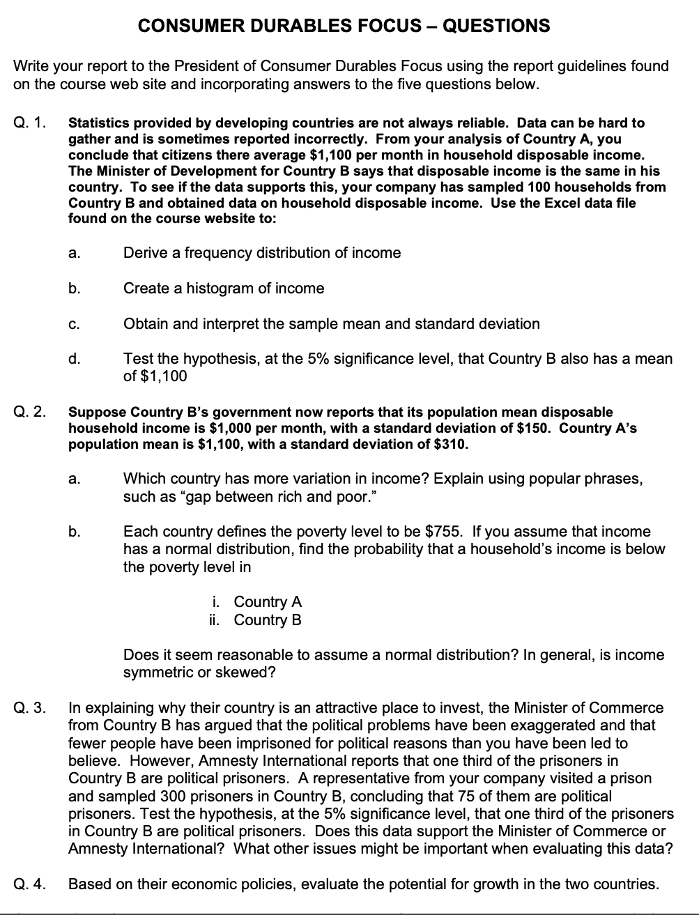 CONSUMER DURABLES FOCUS - QUESTIONS Write your report to the President of