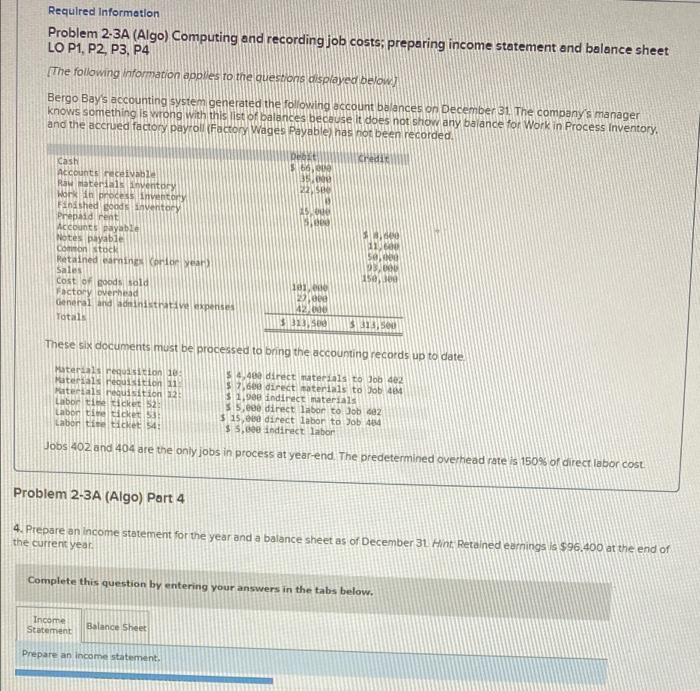 Required Information Problem 2-3A (Algo) Computing and recording job costs; preparing income