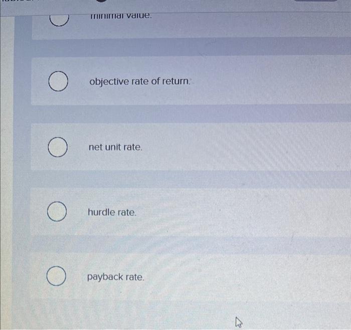 Choice minimal value. objective rate of return. O net unit rate.
