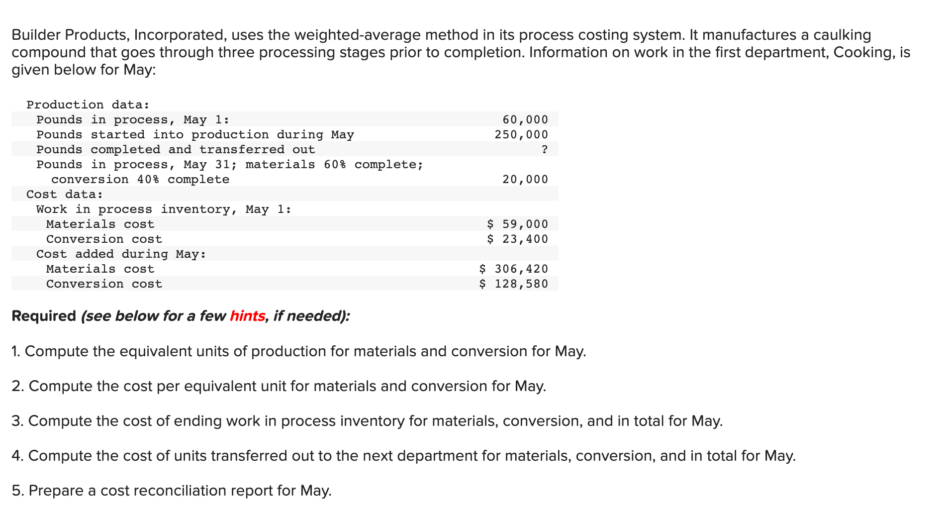 Builder Products, Incorporated, uses the weighted-average method in its process costing system.