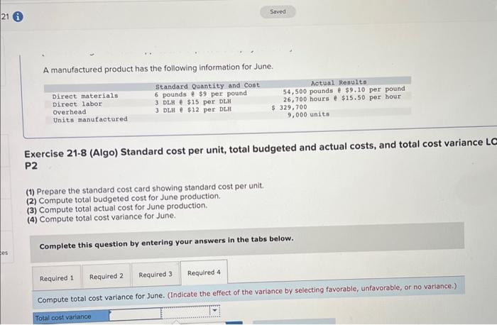 and actual costs, and total cost variance LO points P2 eBook Hint
