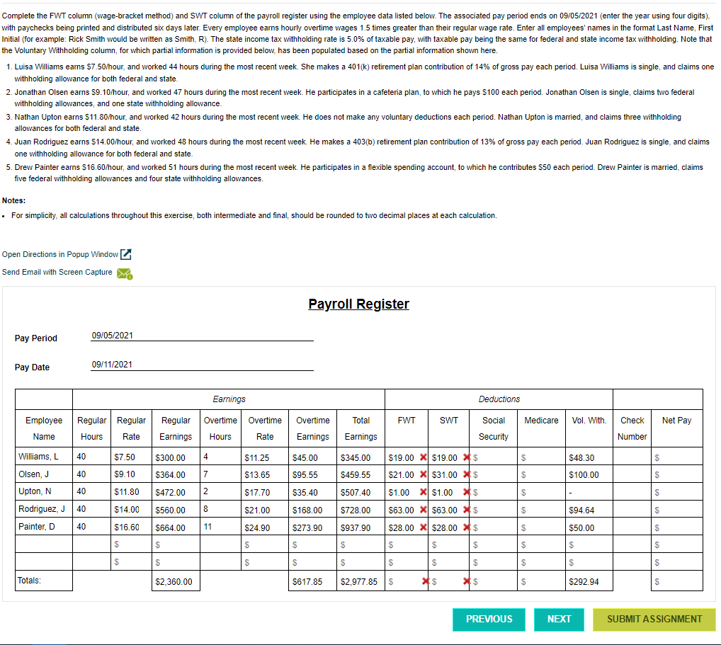 Complete the FWT column (wage-bracket method) and SWT column of the payroll