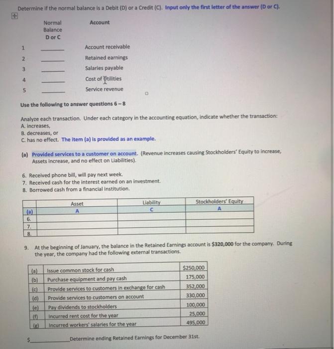 + Determine if the normal balance is a Debit (D) or a