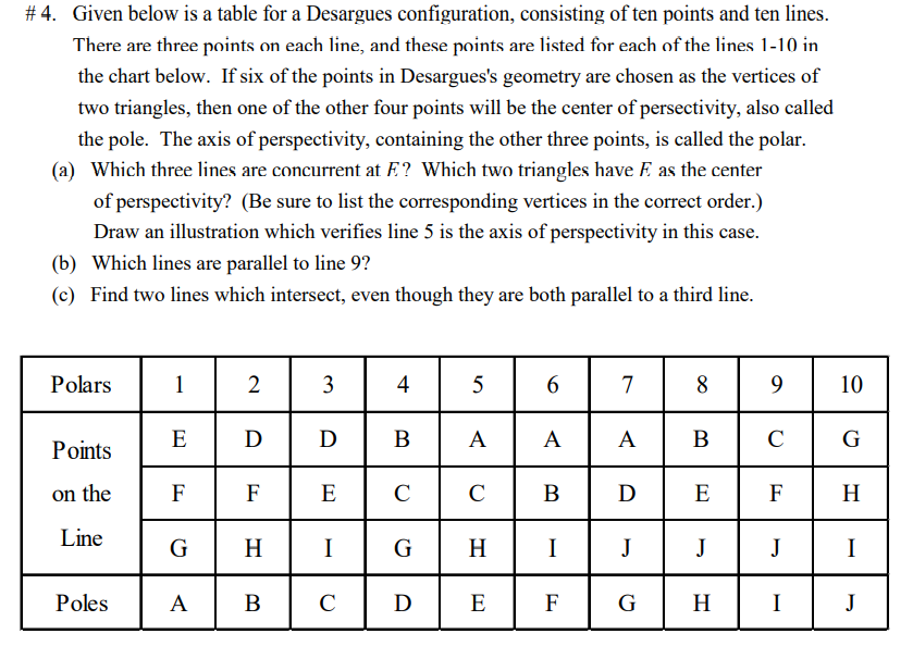 #4. Given below is a table for a Desargues configuration, consisting of