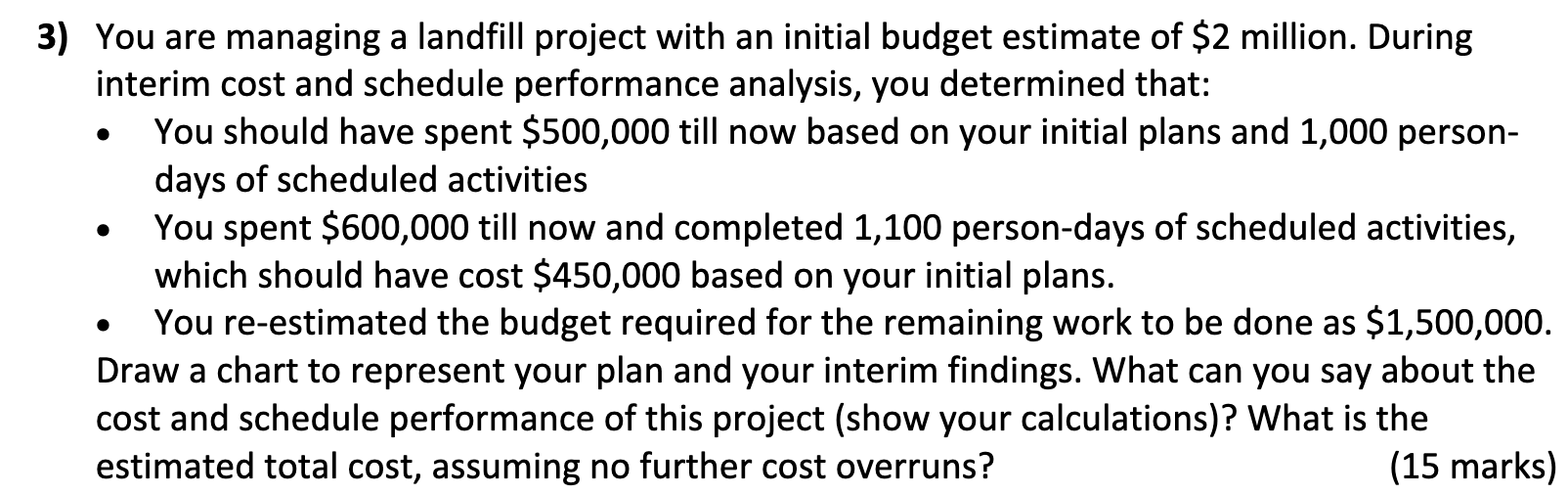 3) You are managing a landfill project with an initial budget estimate