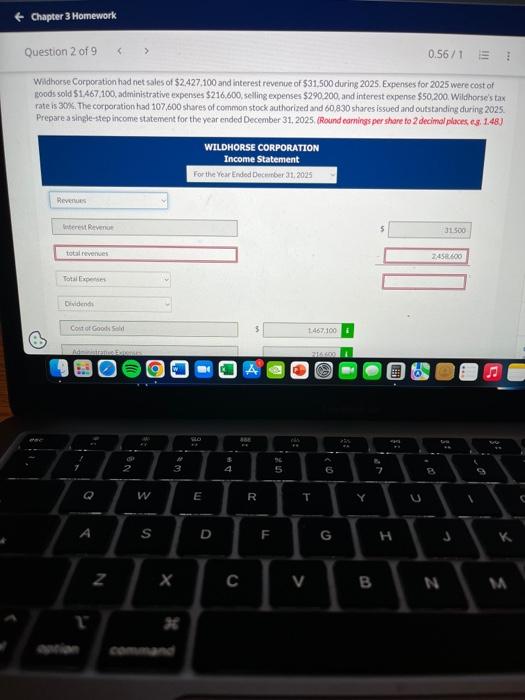 Chapter 3 Homework Question 2 of 9 < > 0.56/1 E Wildhorse