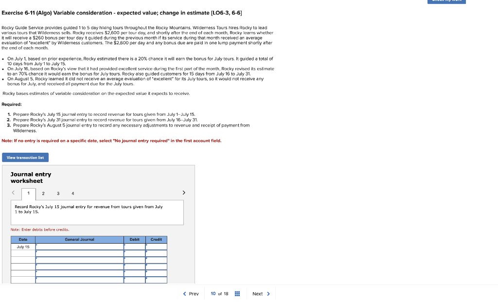 Exercise 6-11 (Algo) Variable consideration - expected value; change in estimate [LO6-3,