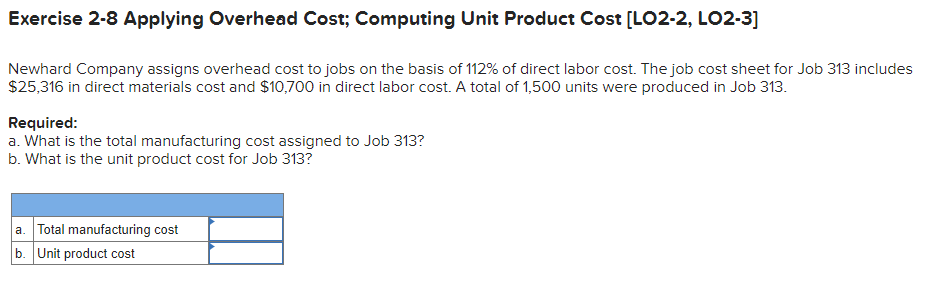Exercise 2-8 Applying Overhead Cost; Computing Unit Product Cost [LO2-2, LO2-3] Newhard