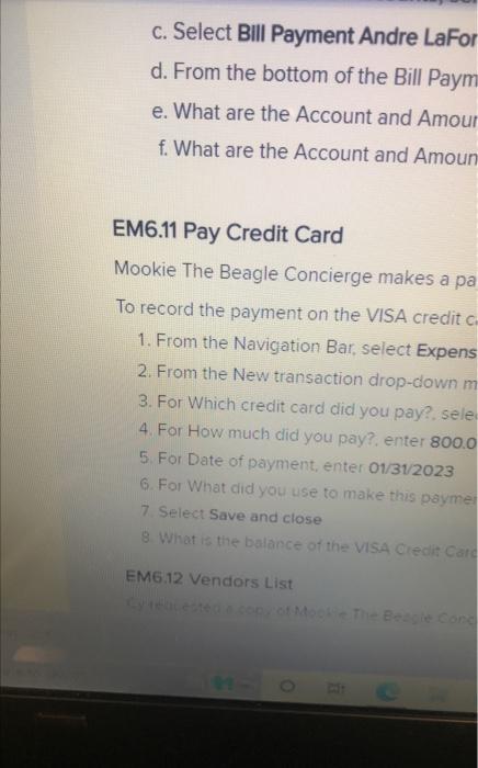 Bill Paymen e. What are the Account and Amount D f. What