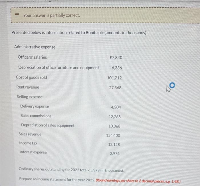 Your answer is partially correct. Presented below is information related to Bonita