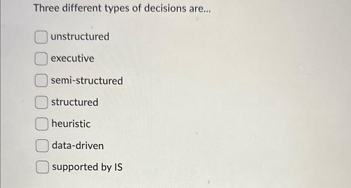 Three different types of decisions are.... unstructured executive semi-structured structured heuristic data-driven