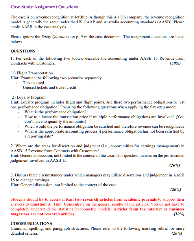Case Study Assignment Questions The case is on revenue recognition at JetBlue.