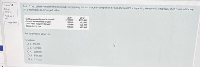 Q12 Not yet answered Points out of 3.00 Casio Co. recognizes construction