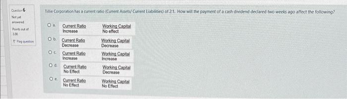 Question 6 Tillie Corporation has a current ratio (Current Assets/Current Liabilities) of