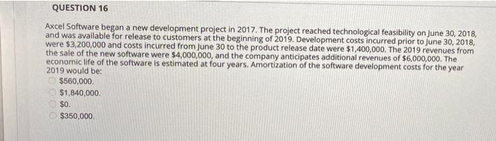 QUESTION 16 Axcel Software began a new development project in 2017. The