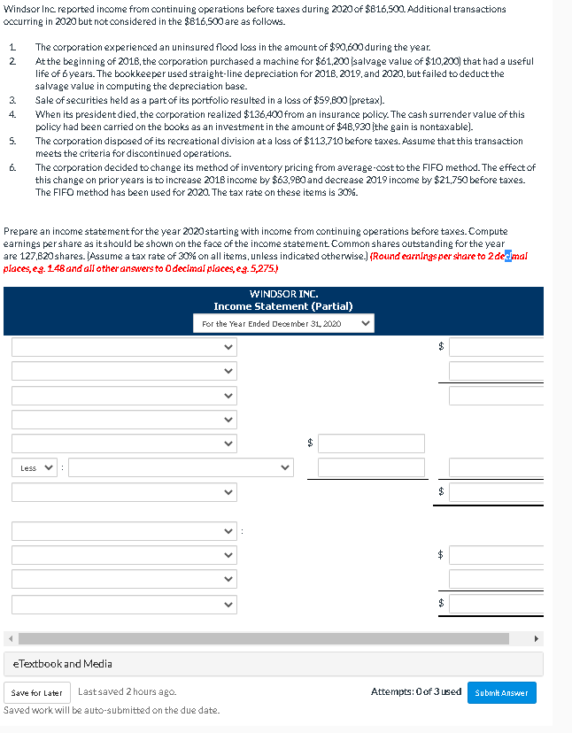 Windsor Inc. reported income from continuing operations before taxes during 2020 of