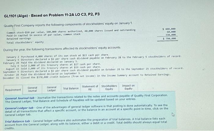 GL1101 (Algo) Based on Problem 11-2A LO C3, P2, P3 Quality First