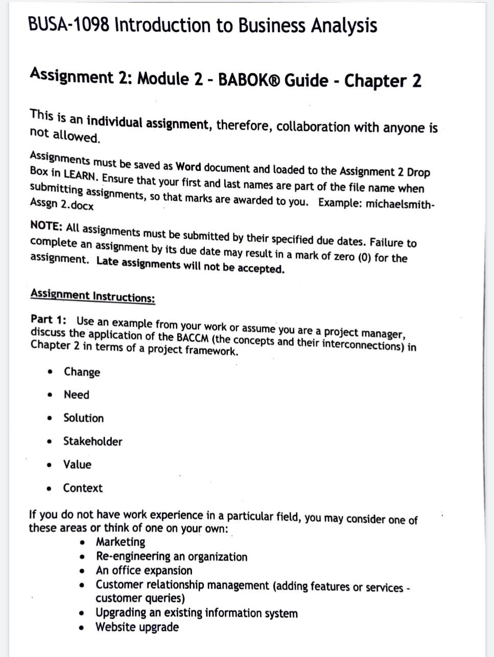 BUSA-1098 Introduction to Business Analysis Assignment 2: Module 2 - BABOK Guide