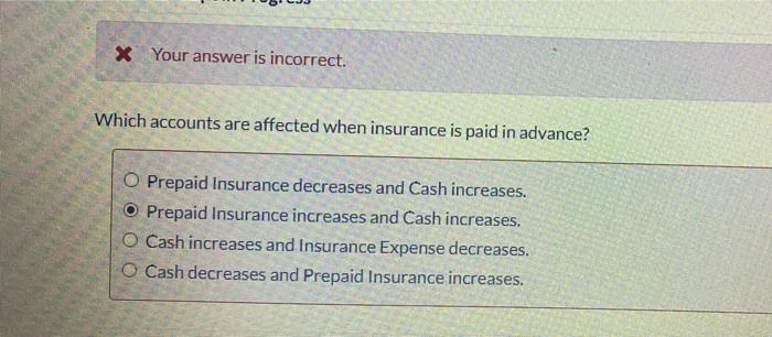 X Your answer is incorrect. Which accounts are affected when insurance is