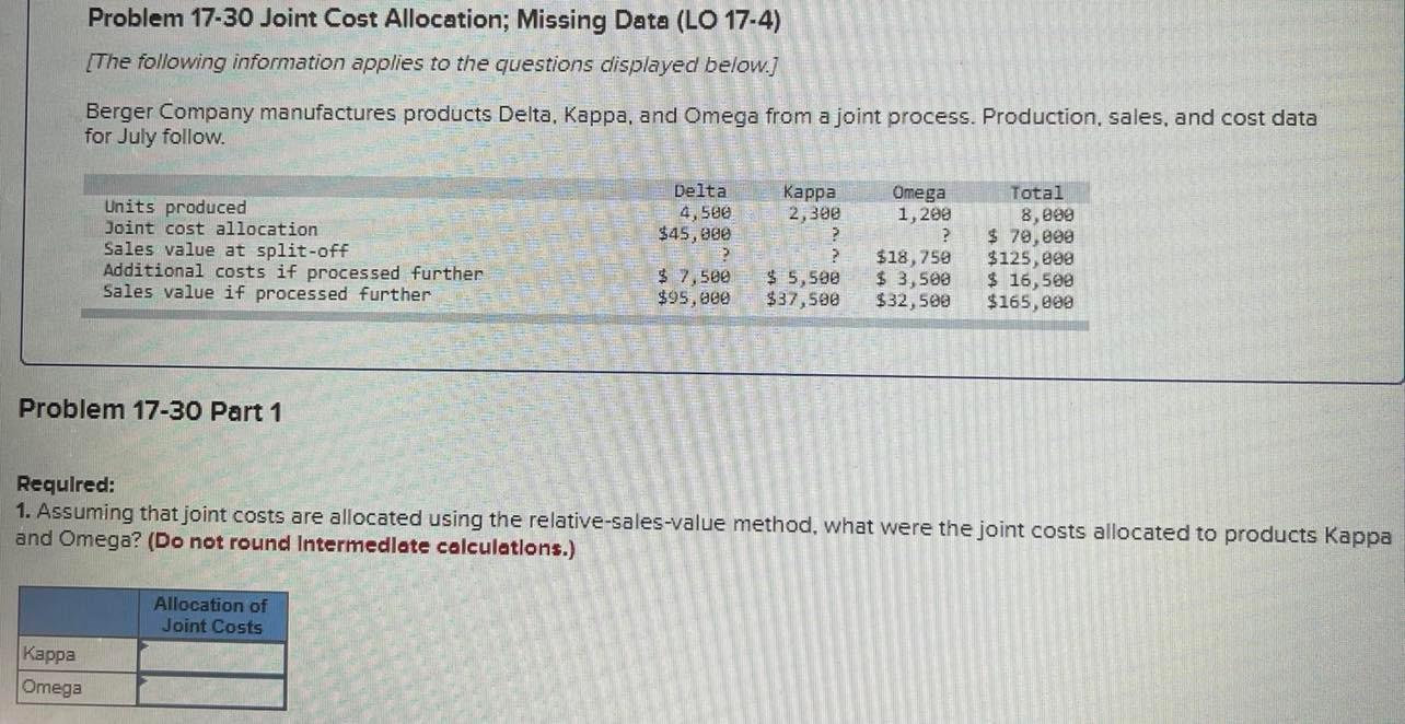 Problem 17-30 Joint Cost Allocation; Missing Data (LO 17-4) [The following information