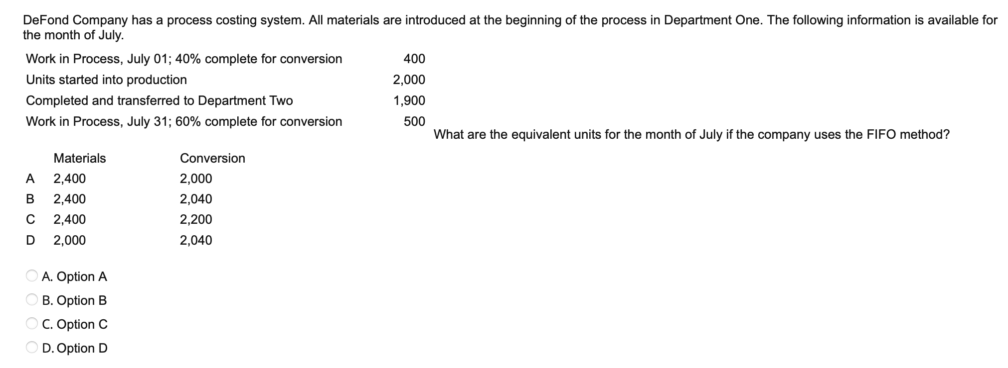DeFond Company has a process costing system. All materials are introduced at