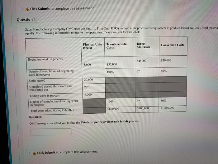Click Submit to complete this assessment. Question 4 Qatar Manufacturing Company QMC