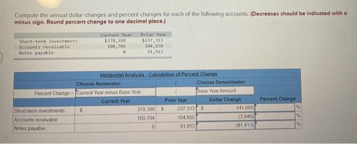 Compute the annual dollar changes and percent changes for each of the