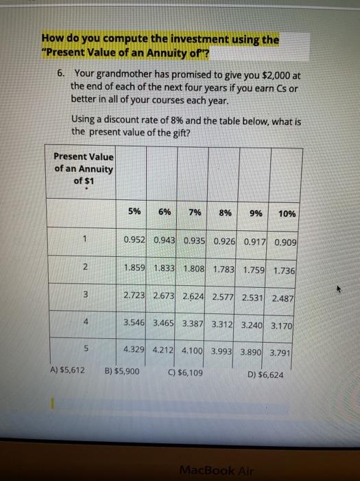 How do you compute the investment using the "Present Value of an