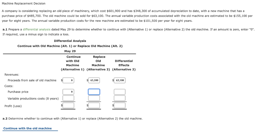 Machine Replacement Decision A company is considering replacing an old piece of