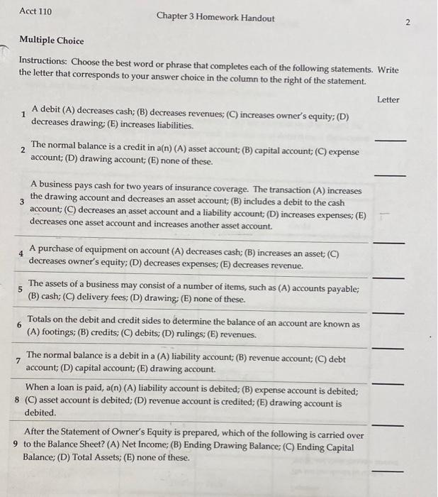 Acct 110 Multiple Choice Chapter 3 Homework Handout Instructions: Choose the best