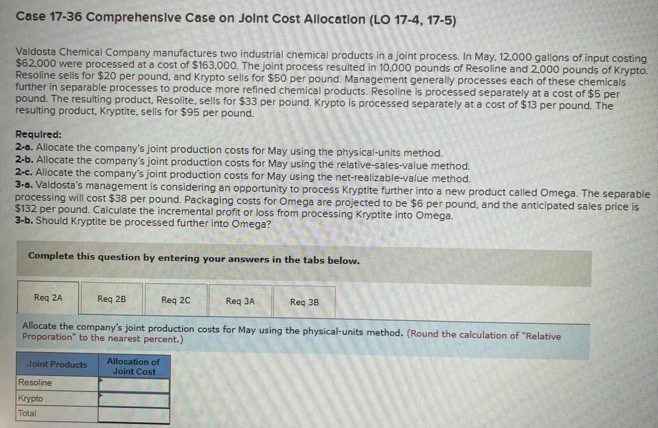 Case 17-36 Comprehensive Case on Joint Cost Allocation (LO 17-4, 17-5) Valdosta