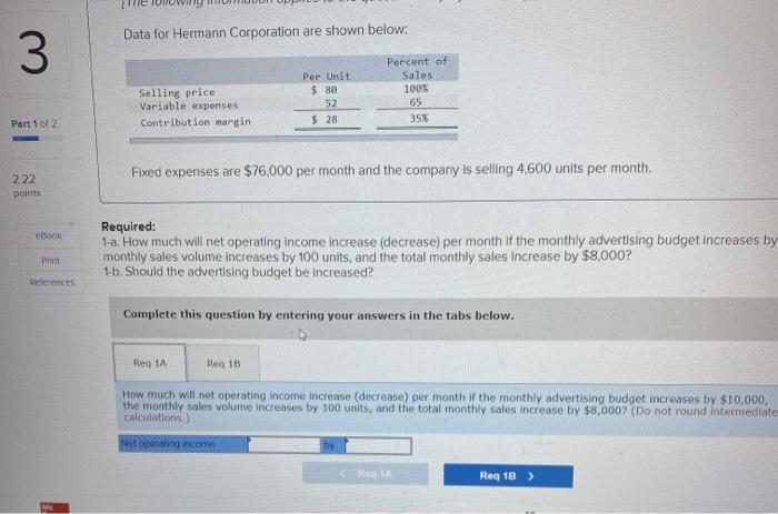 3 Data for Hermann Corporation are shown below: Part 1 of 2