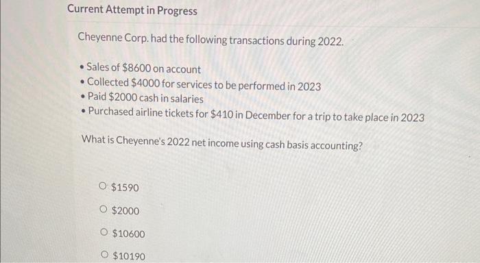Current Attempt in Progress Cheyenne Corp. had the following transactions during 2022.