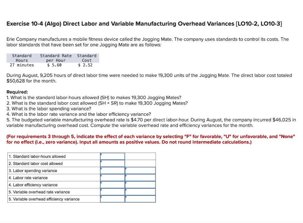 Exercise 10-4 (Algo) Direct Labor and Variable Manufacturing Overhead Variances [LO10-2, LO10-3]
