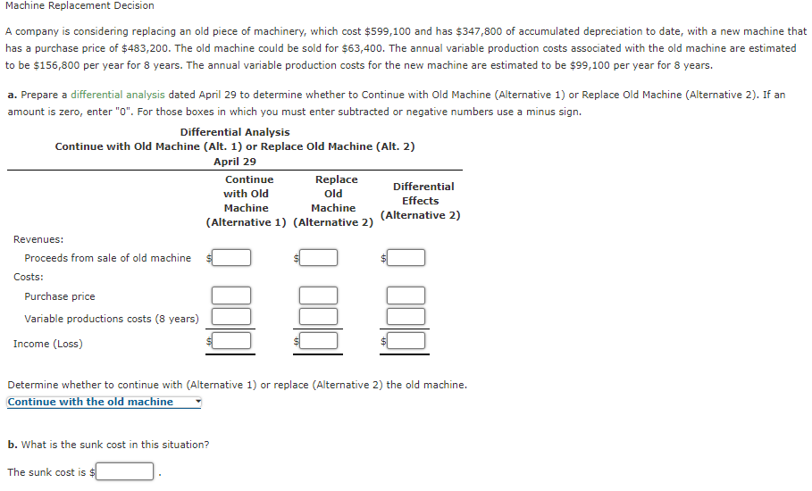 Machine Replacement Decision A company is considering replacing an old piece of